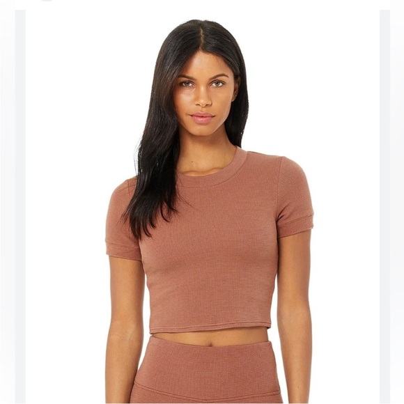 Alo Micro Waffle Sierra Crop Top Size S Short Sleeve Crew Neck CHESTNUT - Picture 1 of 7